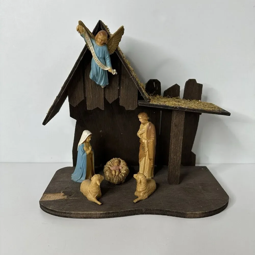 Vtg Wooden Nativity Manger Creche Plastic Fixed Figures Jesus‎ Angel Mary Joseph